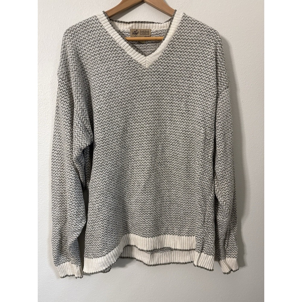 Vintage Lord & Taylor USA Knit‎ Sweater Large Gray White Cotton V-Neck Classic L